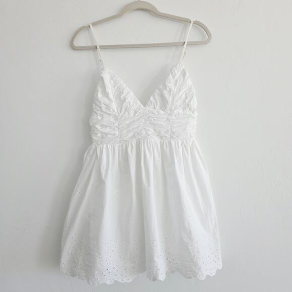 Zara White Cotton Eyelet Embroidered V-Neck Mini Spaghetti Strap Dress Sz Medium - Picture 3 of 11